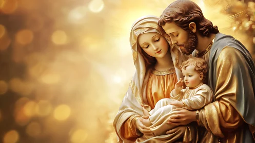 Holy family icon with golden light and tender embrace.
