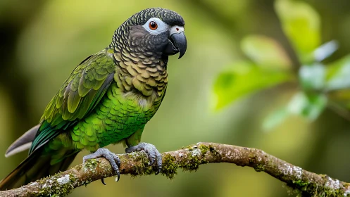 Beautiful Green Parrot on Branch in Lush Nature, Photorealistic Style.