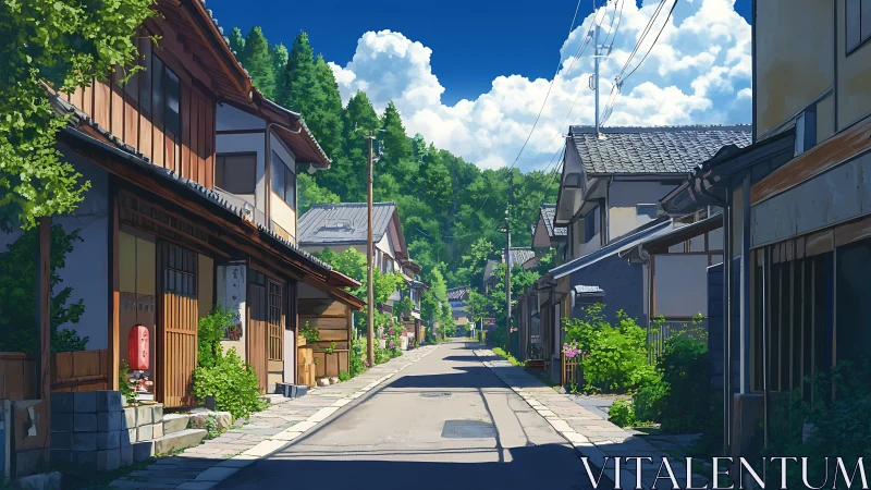 Sunlit village street unfolds under bright summer sky