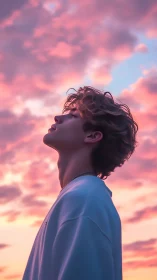 Youthful silhouette breathes in a dreamy pink sunset sky.