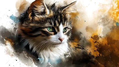 Tabby Cat with Green Eyes in Watercolor Splash.
