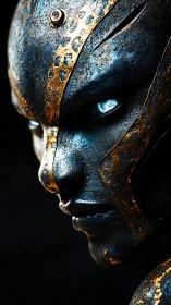 Gilded cyber guardian studies the dark with molten eyes