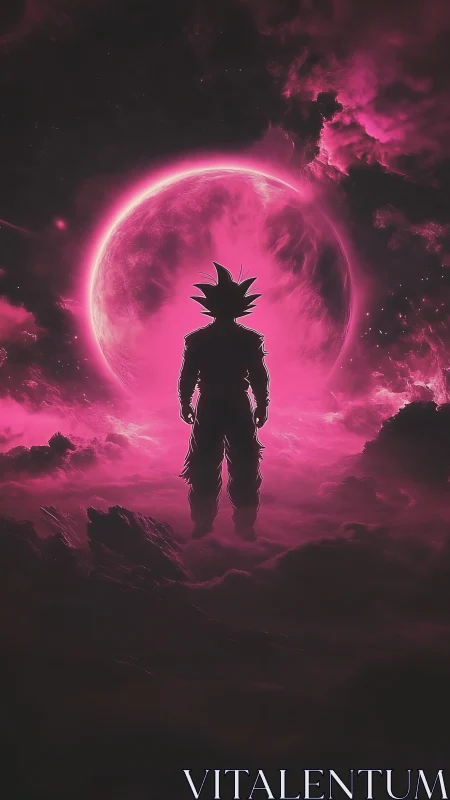 Cosmic warrior silhouetted before a radiant magenta moon.