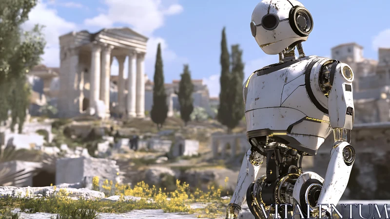 Bipedal exploration robot in sunlit Roman ruin environment.