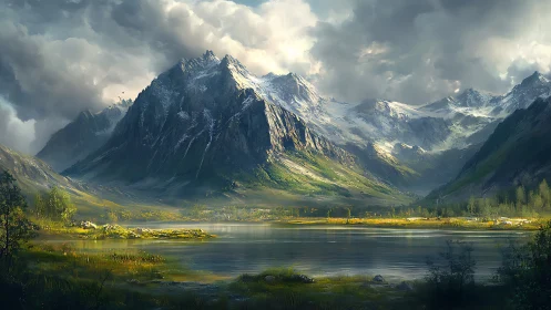 Digital painting of alpine lake basin with glacial mountain massifs.