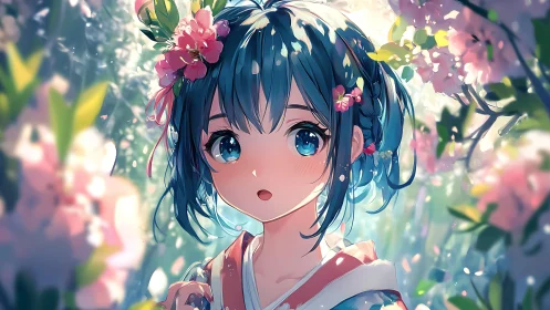 Blue haired anime girl in luminous floral bokeh garden portrait