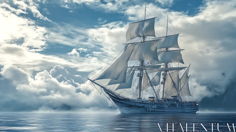 Tall-masted sailing ship on calm sea under dense clouds.