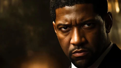 Intense male portrait under dramatic golden light.