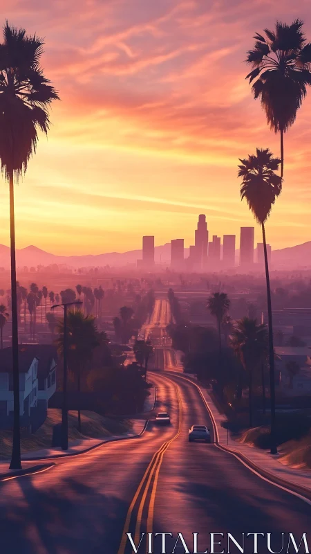 Sunset-lit city road stretches toward softly glowing skyline