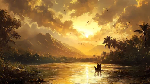 River boat under golden sunset amid distant mountains.