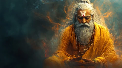 Mystic sage in golden robes meditates amid swirling fire.