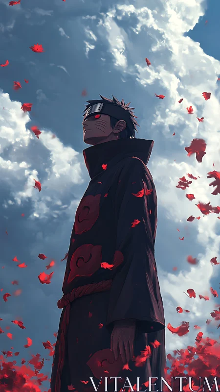 Cloaked figure under clouds with scattered red petals.