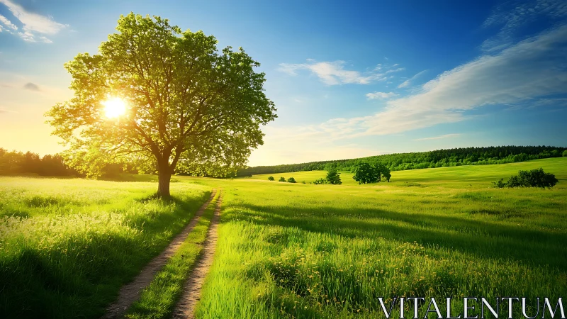 Low-angle rural landscape captures sunlit tree and receding track