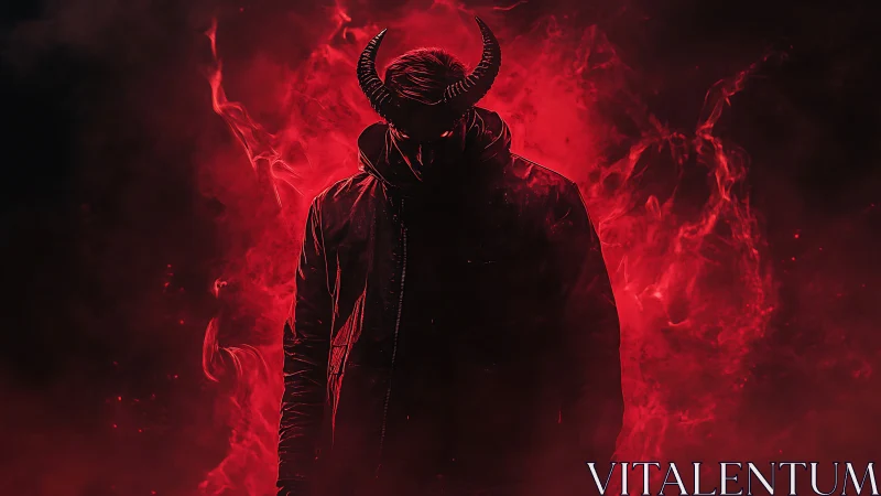Horned silhouette in red infernal smoke with dramatic backlight.