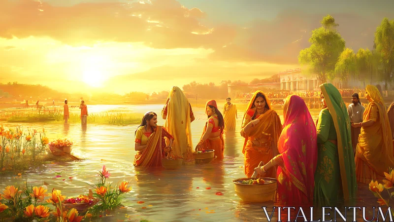 Golden riverside ritual with women in vibrant saris at dawn.