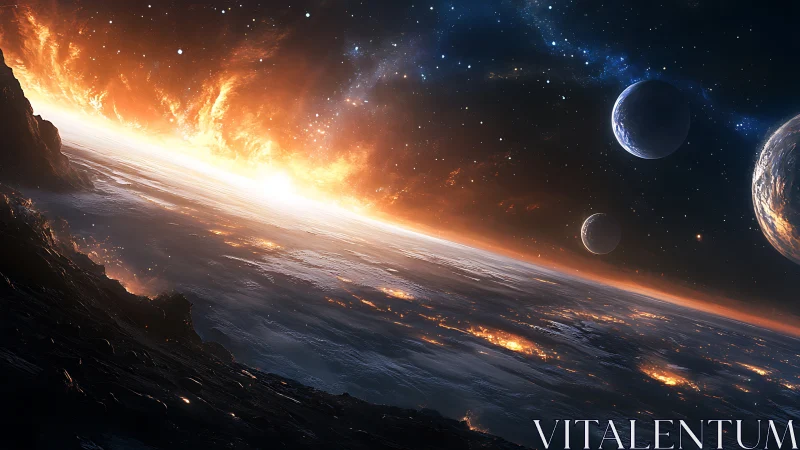 Burning exoplanet horizon under multi-planet sky.