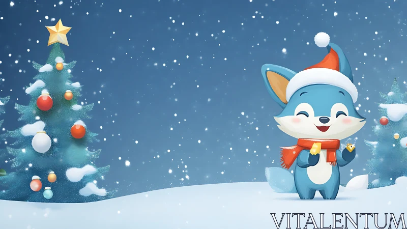 Cartoon fox in Santa hat in snowy Christmas forest scene.