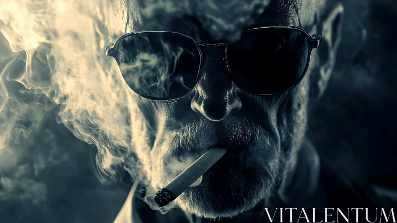 High-contrast noir portrait of an older man smoking in shadow