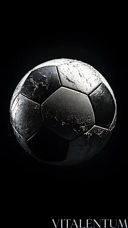 Weathered soccer ball glows in dramatic studio darkness