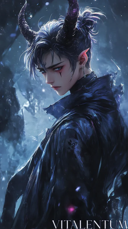 Midnight horned wanderer wrapped in storm-kissed shadows.