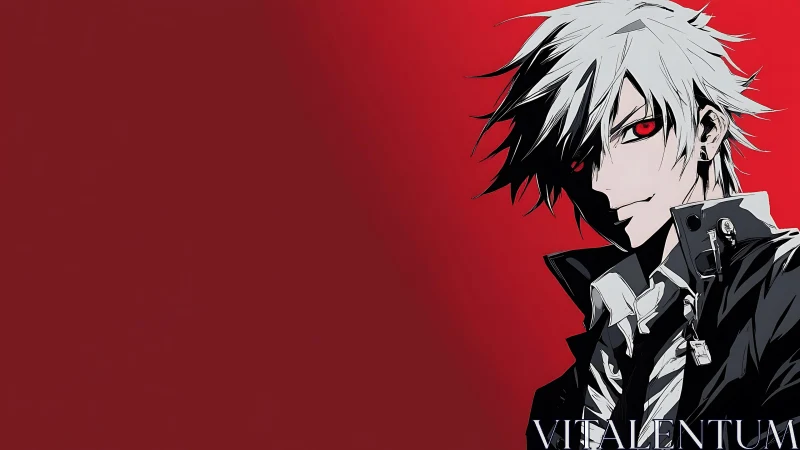White haired anime male character on solid red background.
