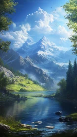 Sunlit alpine river valley beneath luminous snowy peaks.