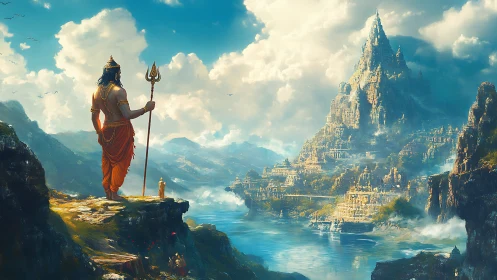 Mythic warrior overlooks luminous river citadel at dawn.