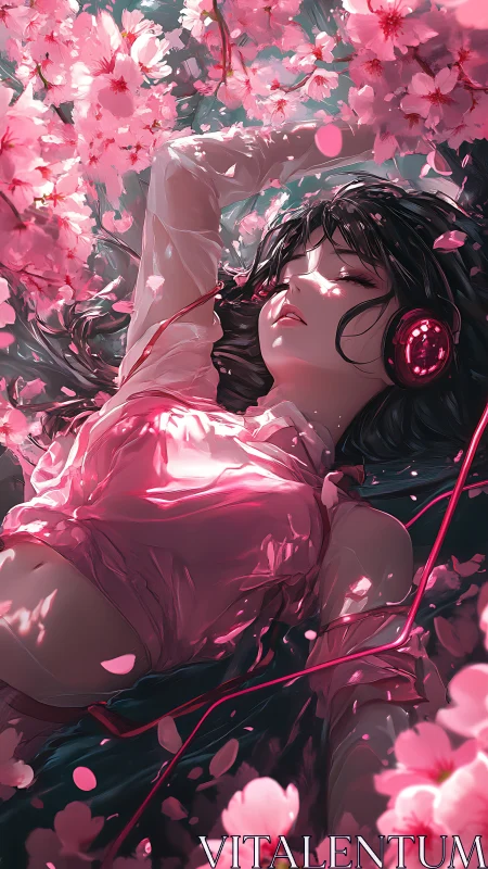 Anime sakura soundscape with reclining girl in pink light.
