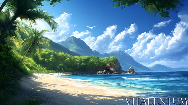Tropical Coastal Landscape with Mountain and Palm Vegetation