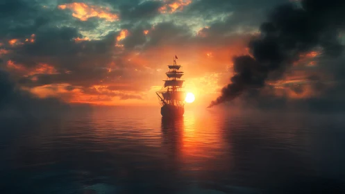 Sunlit tall ship sailing into a glowing, dreamlike horizon.