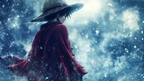 Straw hat anime sailor stands in stormy blue seascape.