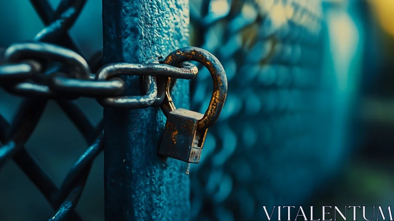 Weathered padlock holding quiet secrets on a blue fence.