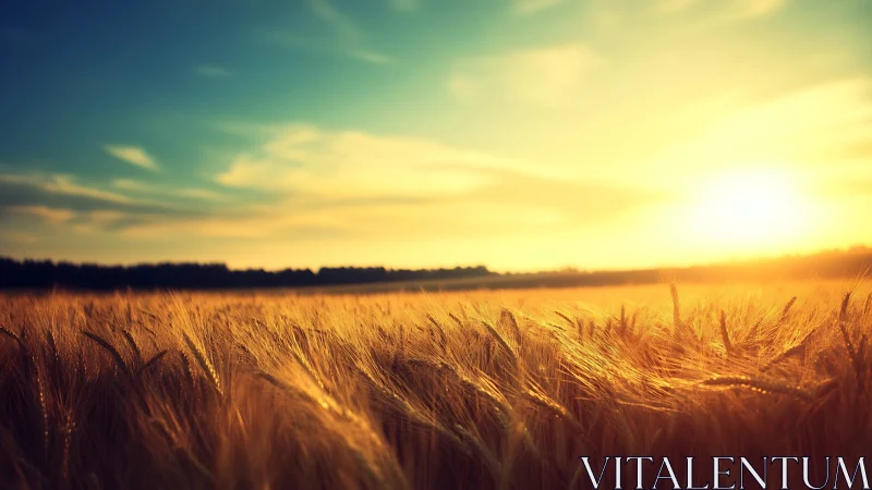 Golden wheat field under dramatic warm sunset light.