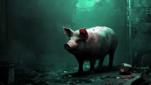Bloodstained pig stands in eerie green industrial ruin