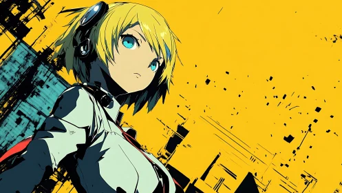 Blonde anime cyborg girl on bold yellow abstract background.
