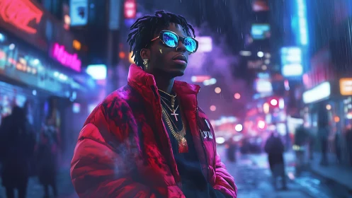 Neon-soaked style icon walking through electric city rain.