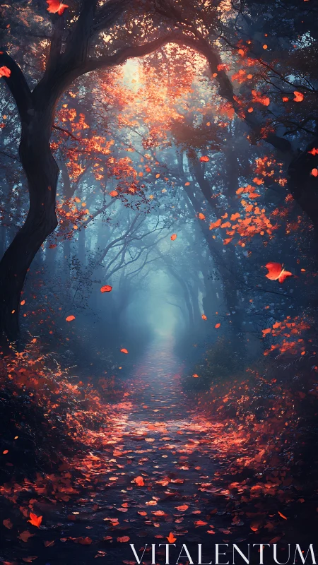 Enchanted autumn path glowing with soft forest twilight.