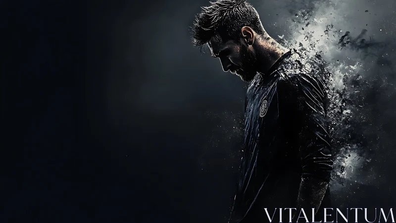 Digital portrait of dissolving footballer in dark space.