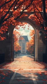 Through the stone arch, autumn campus avenue in warm light.