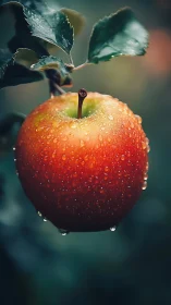 Red apple on tree branch covered in fresh water droplets.