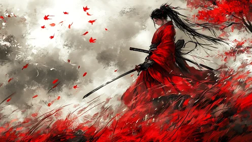 Solitary swordsman stands in wind among red foliage