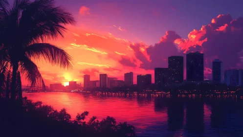 Neon sunset skyline humming over tropical harbor waters.