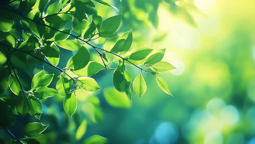 Sunlit Green Leaves Close-Up With Soft Nature Bokeh Background.