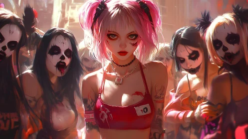 Pink haired woman leads smeared face crowd in neon street