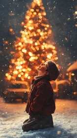 Snow-kneeling dreamer beneath a blazing Christmas dusk.