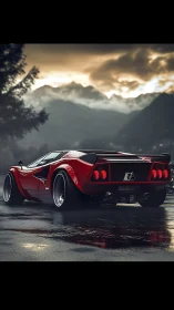Red low-profile sports car on wet mountain road at dusk.