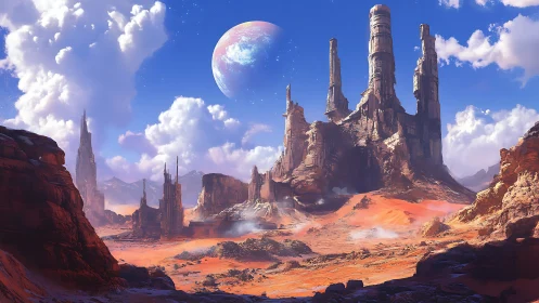 Colossal alien buttes rise over luminous red desert sky