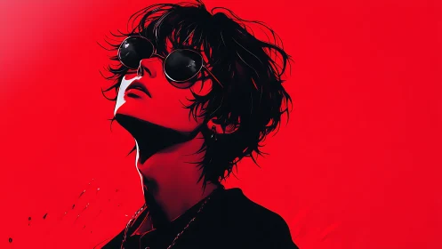 Sunglass rebel in crimson glare, carved from shadowlight.