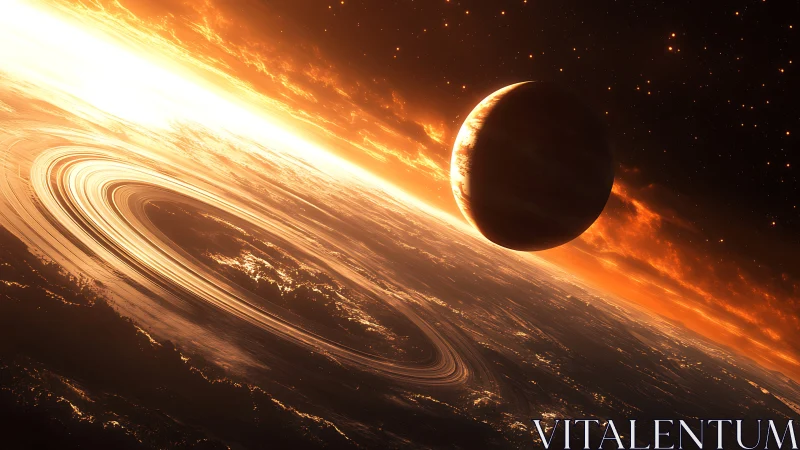 Ringed alien horizon under blazing stellar sunrise.