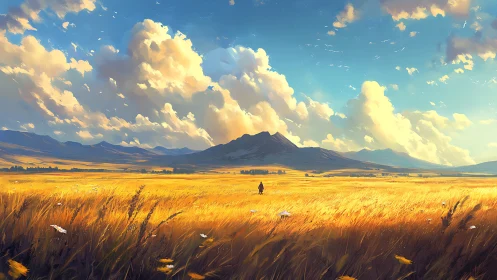 Golden meadow walk beneath towering summer clouds.